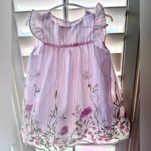 Laura Ashley Baby Girl Dress 12M Pink Stripe Floral Embroidery Ruffle Sleeve